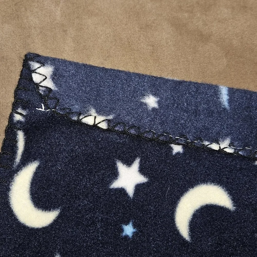 Blue White Yellow Moon Stars Fleece Blanket / Window Cover Drape 50x57 READ
